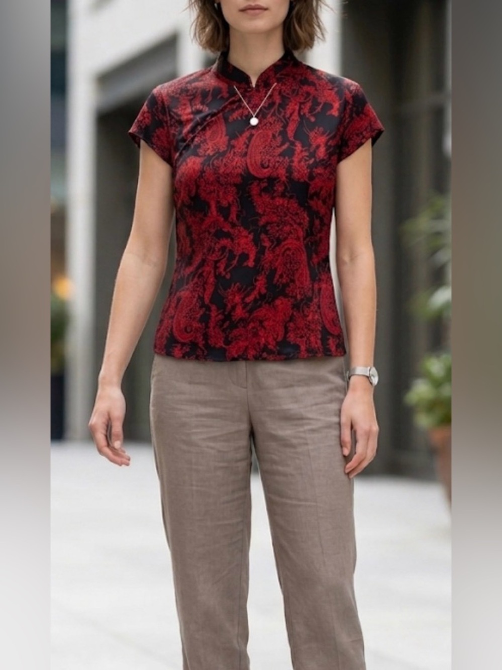 Worthington Top Women's XLRed/Black Silk Asian Print Band Collar Cap Sleeve